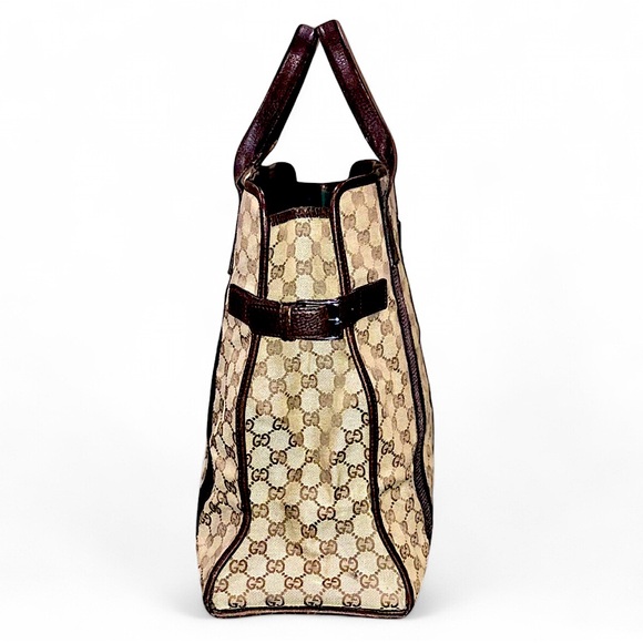 M GUCCI GG Monogram Brown Leather Rolled Top Handle Oversized Laptop Tote Bag - Picture 4 of 17